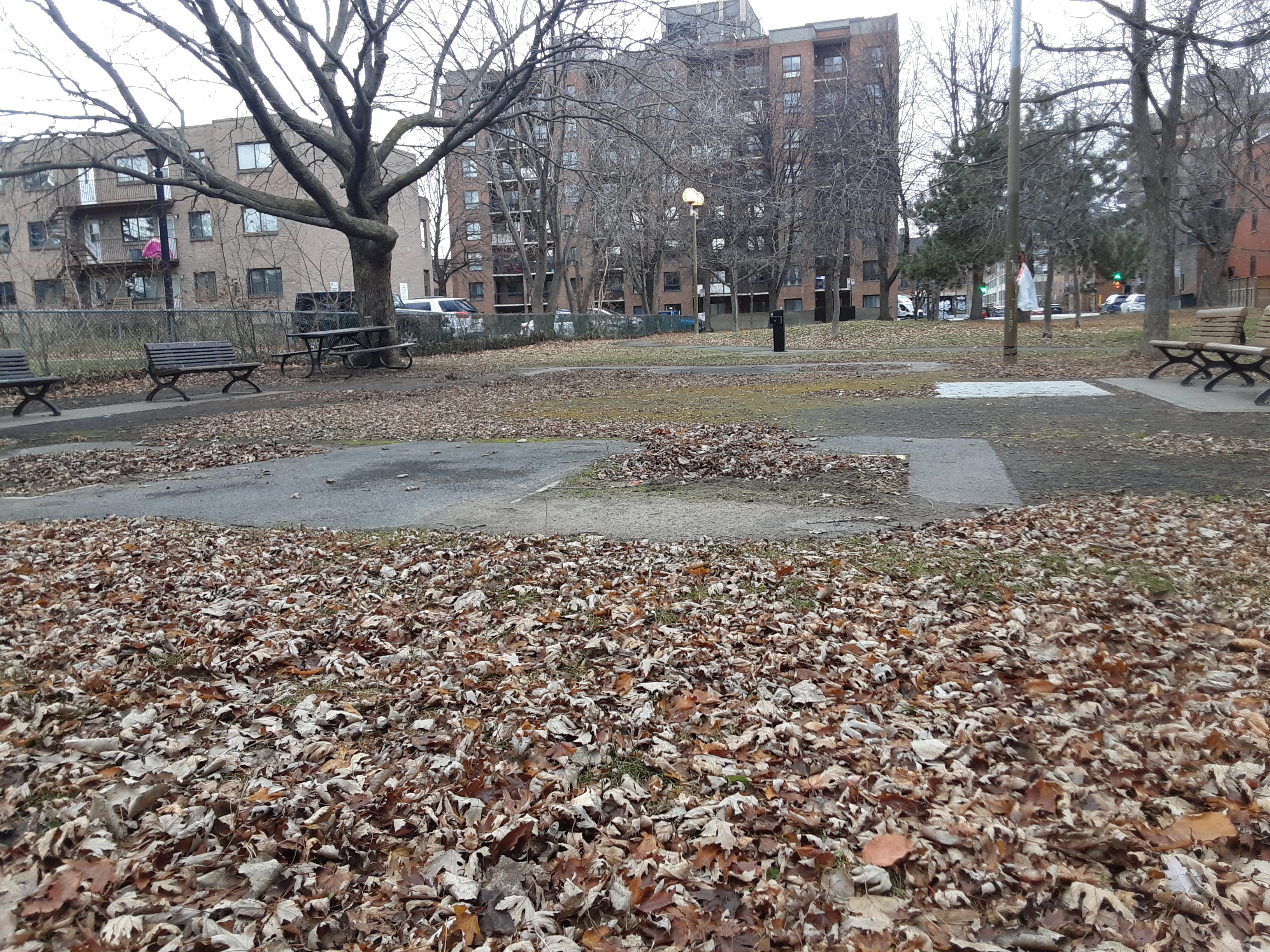 Vue d'ensemble du parc le 30 novembre — emplacements vides, tuyaux arrachés